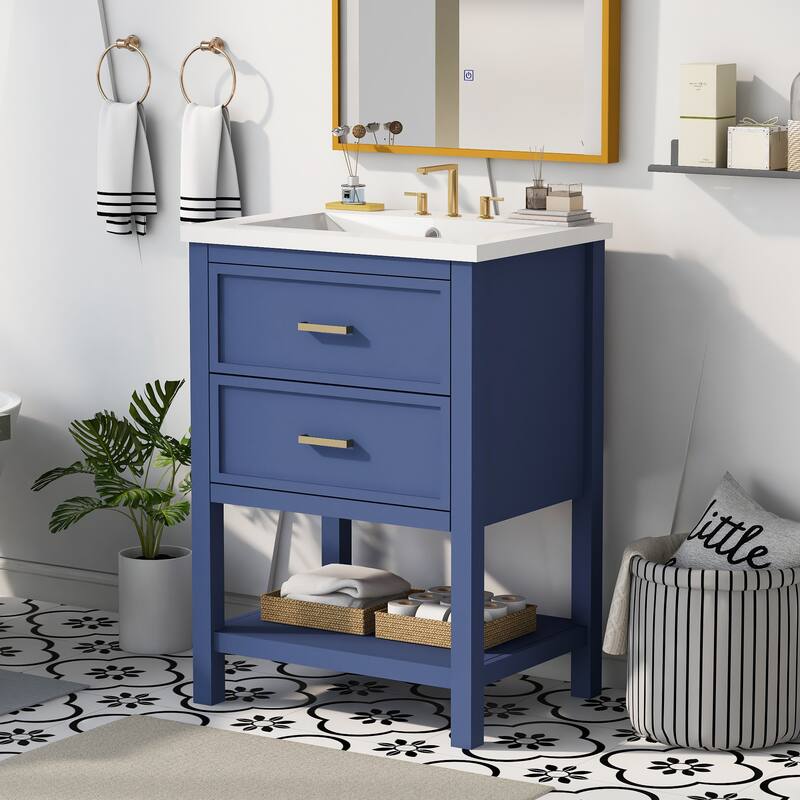 24" Bathroom Vanity with Top Sink, Modern Bathroom Storage Cabinet with 2 Drawers, Single Sink Bathroom Vanity