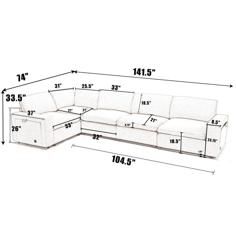 141.5" Linen Modular L-Shaped Sectional Sofa with Wireless Charging, Cup Holders & Book Storage, 5-Seat Configurable