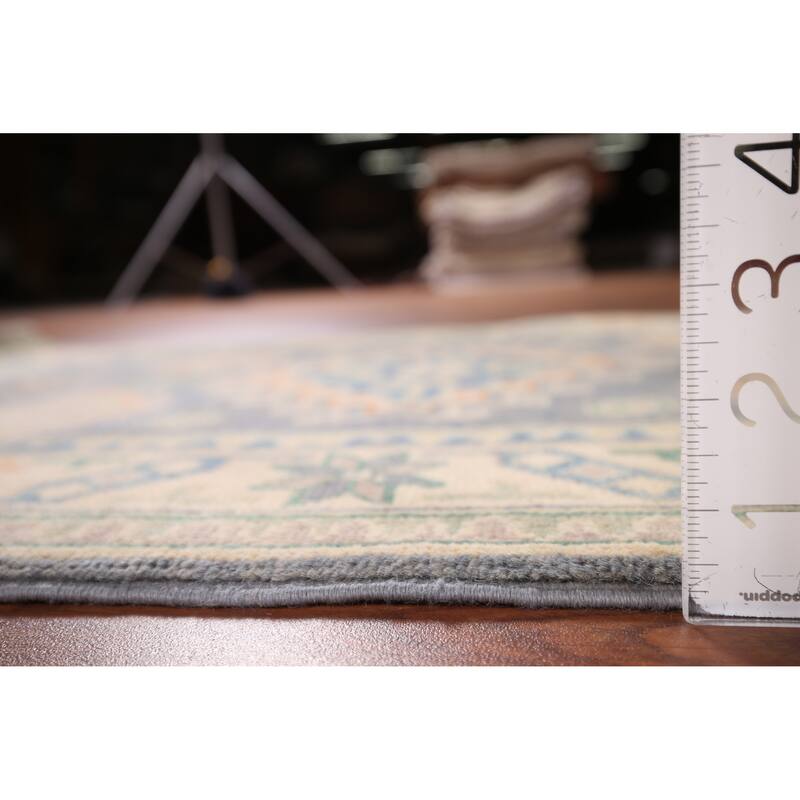Geometric Kazak Accent Rug Hand-Knotted Grey Wool Carpet - 2'7" x 4'2"