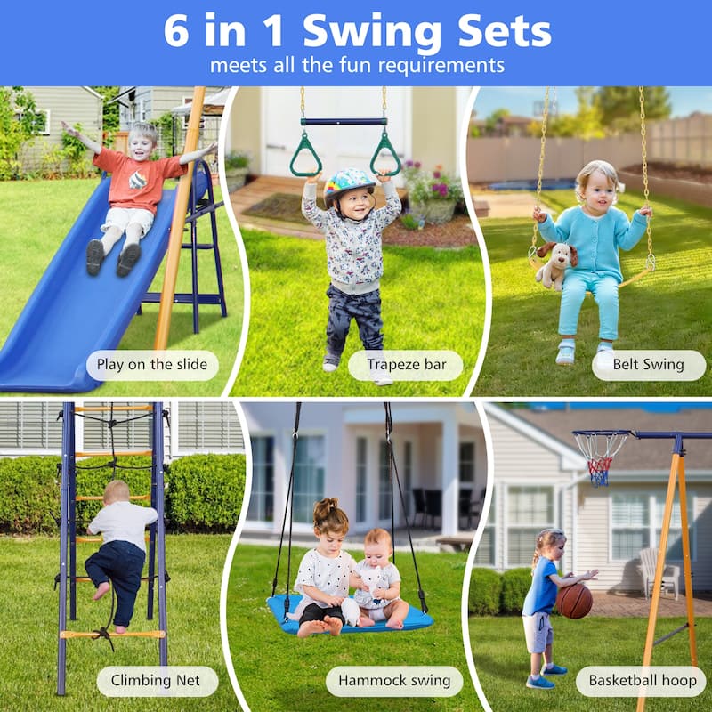 Roomfitters 7-in-1 Metal Swing Set, 500 lbs Capacity, Slide, 2 Swings, Climbing Net, Gym Ring & Basket, Multicolor