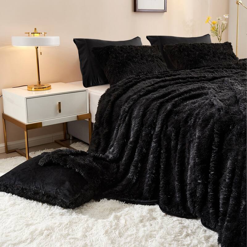 Plush Fluffy Shaggy Crystal Velvet Duvet Cover - Black - King