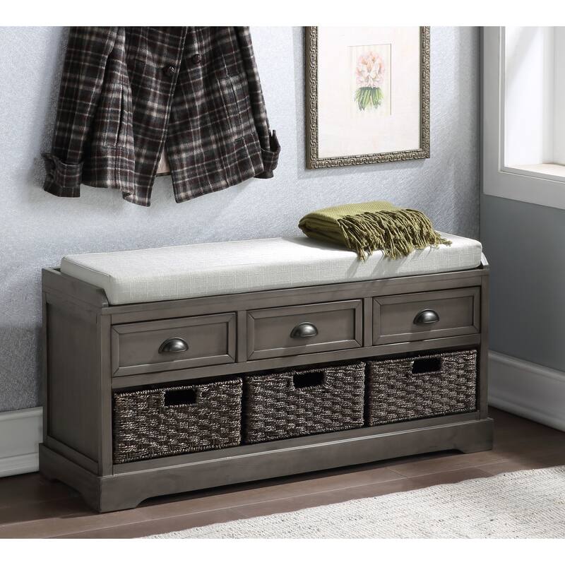 Homes Collection Wood Storage Bench with 3 Drawers and 3 Baskets