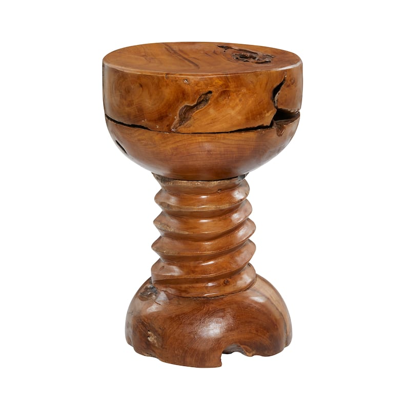 Brown Teak Wood Handmade Live Edge Accent Table with Coiled Base