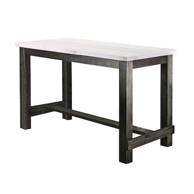 Yae 60 Inch Counter Height Table, White Marble Top, Antique Black Wood Base