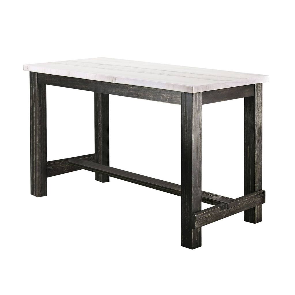 Yae 60 Inch Counter Height Table, White Marble Top, Antique Black Wood Base