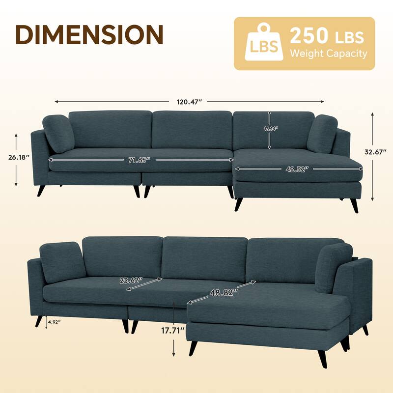 120" 3 Seater Chenille Upholstered Modular Sectional Sofa With Chaise Lounge