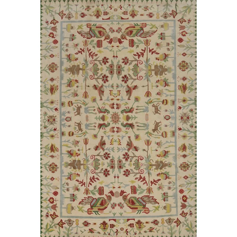 Hand-knotted Traditional Wool Beige Floral Oriental Area Rug - 12' 2'' X 9' 0''