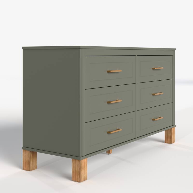 GDFStudio - Olive Haven Modern Wooden 6-Drawer Double Dresser with Solid Wood Legs