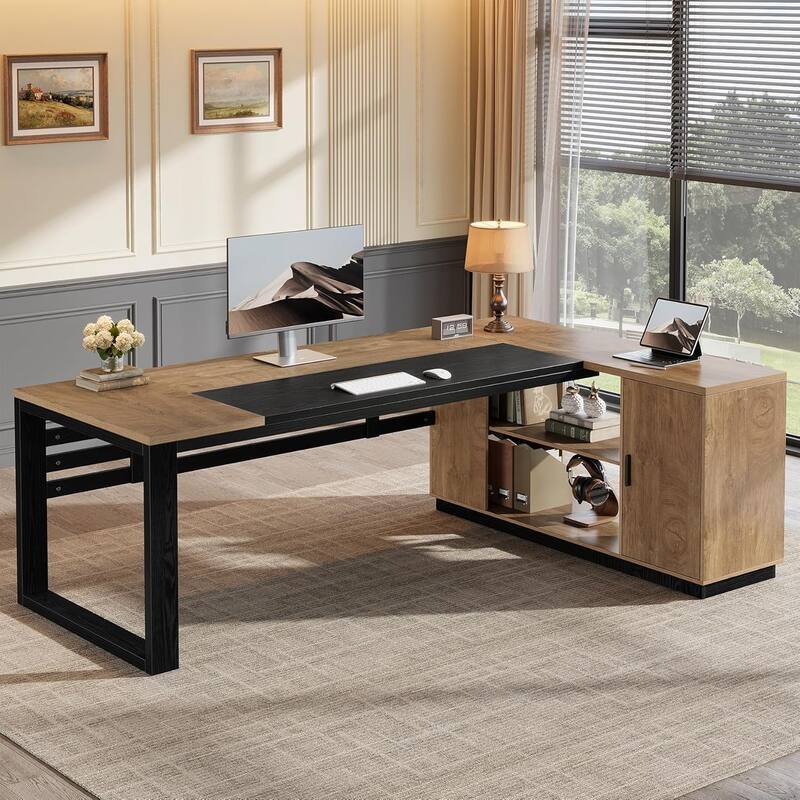 78" L Shaped Executive Desk with Cabinet Storage & Shelves, Modern Wood Office Desk - Rustic Brown + Black