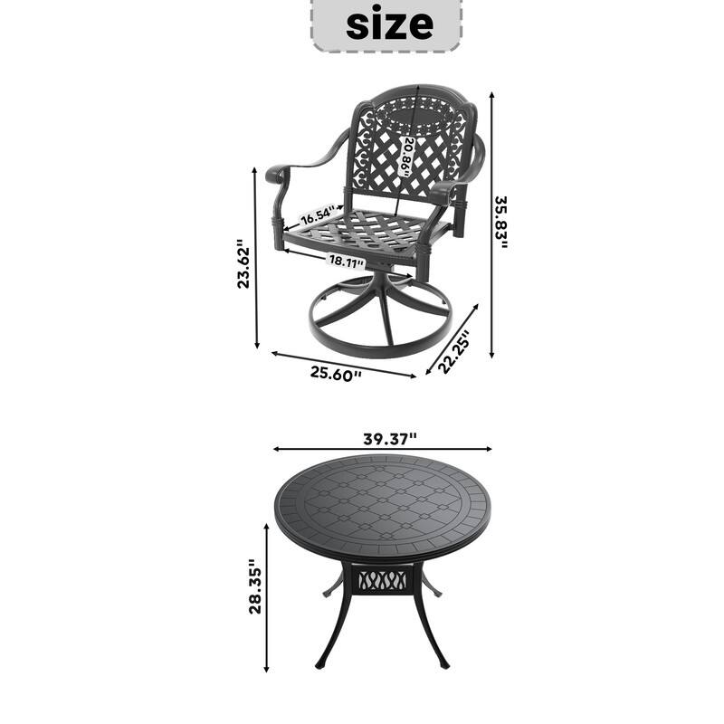 5-Piece Aluminum Round Outdoor Patio Dining Set, 4 Cushioned Swivel Chairs, Table, All-Weather Frames