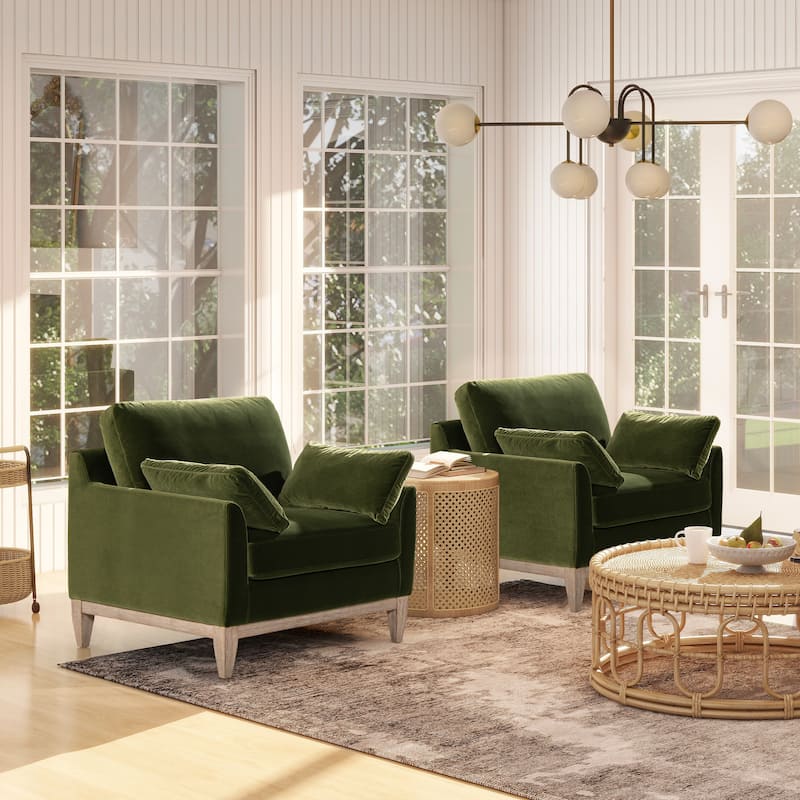 Pasadena 36" Wide Modern Farmhouse Velvet Accent Arm Chair - Set of 2 - Olive Green Performance Velvet