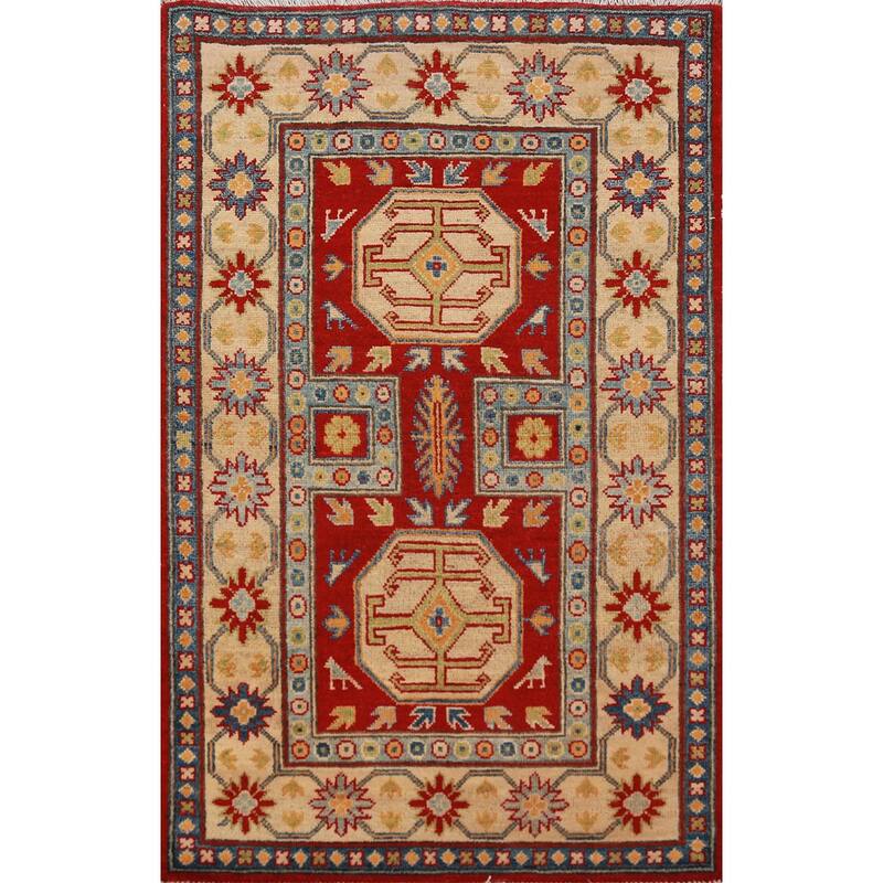 Traditional Kazak Accent Rug Hand-Knotted Geometric Red Wool Carpet - 2'8"x 4'4"