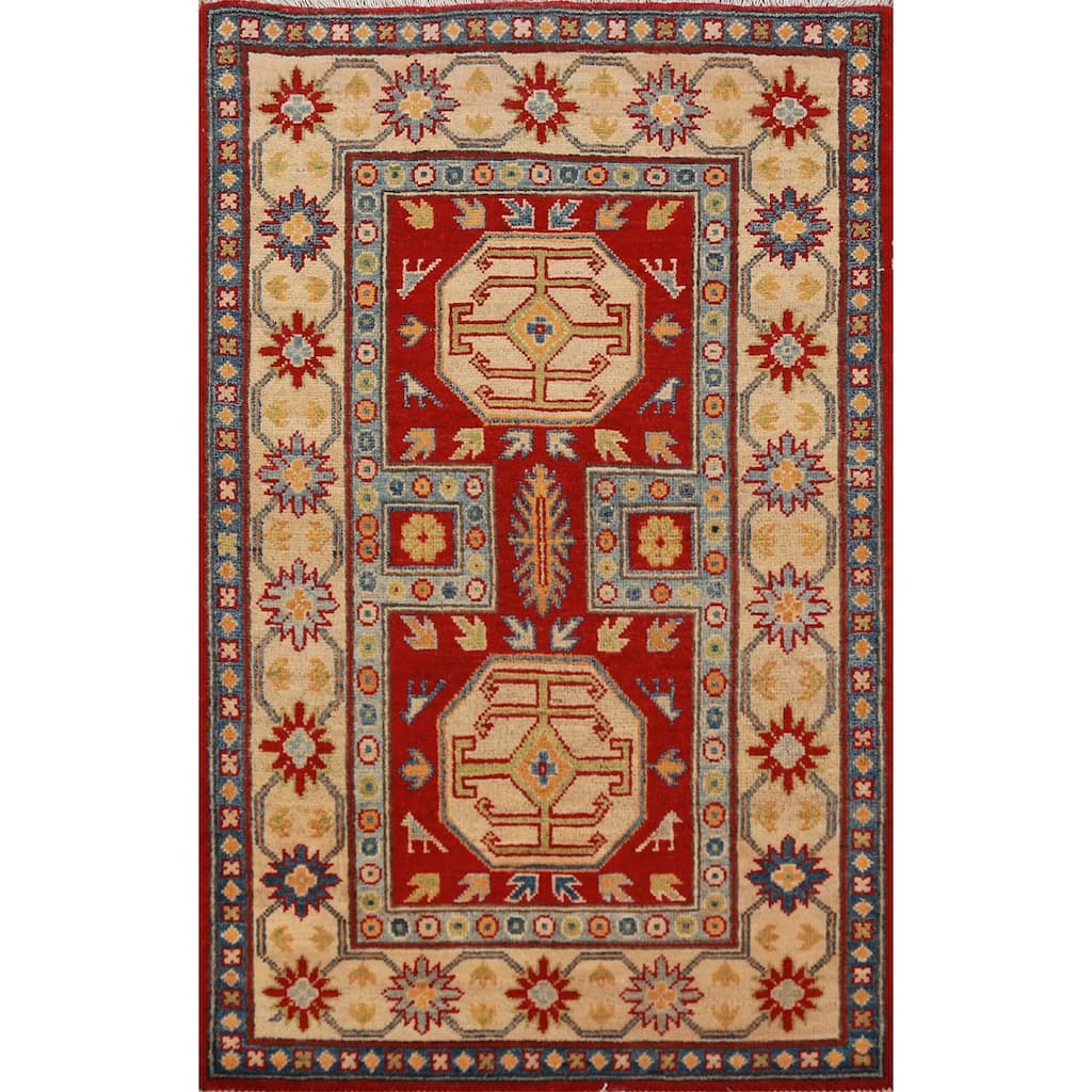 Traditional Kazak Accent Rug Hand-Knotted Geometric Red Wool Carpet - 2'8"x 4'4"
