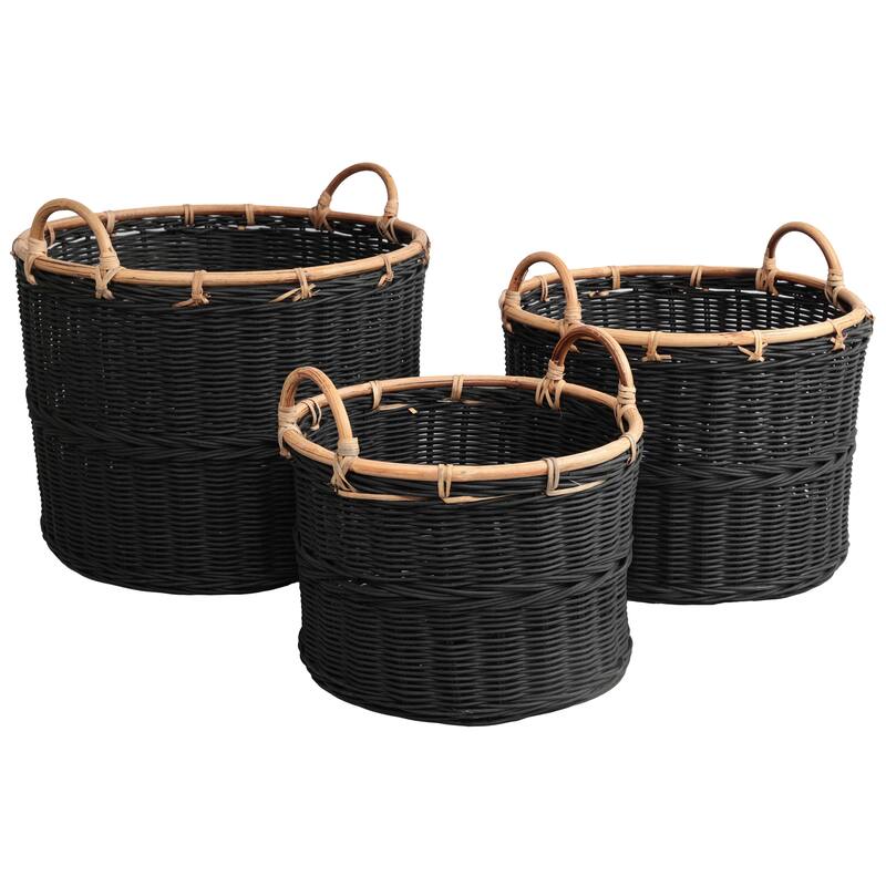 Vista Handwoven Rattan Nesting Storage Baskets with Handles (Set of 3) - Black