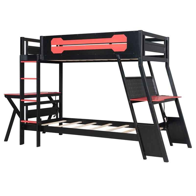 E-sports Inspired Bunk Bed with 2 Built-In Gaming Desks, USB Desktop Ports and Pegboard Organizer, Bunk Frame for Teens Gamer