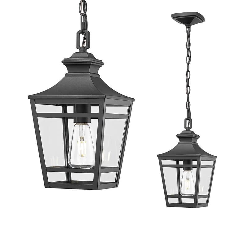 Farmhouse Black Outdoor Pendant Light - 14.5" Clear Glass Hanging Fixture, E26 Socket for Porch, Patio & Entryway (1-Pack) - Black
