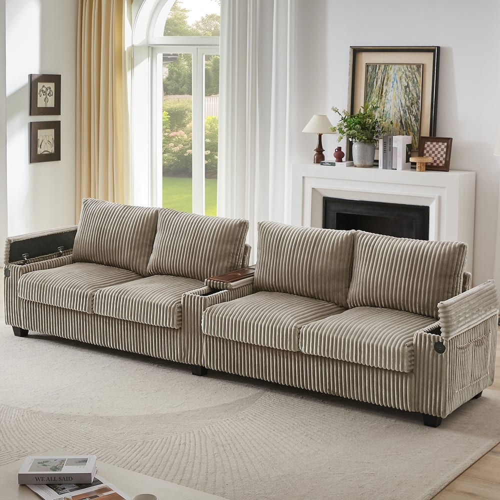 133" 4-Seater Corduroy Sofa - Modern Storage Couch with USB Ports, Flip-Top Cup Holders