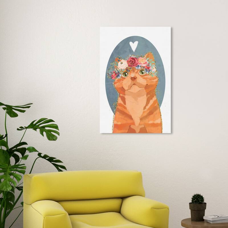 Wynwood Studio Canvas Animals Floral Cat Portrait Orange and Light Orange Modern & Contemporary Wall Art Canvas Print - 30 x 20