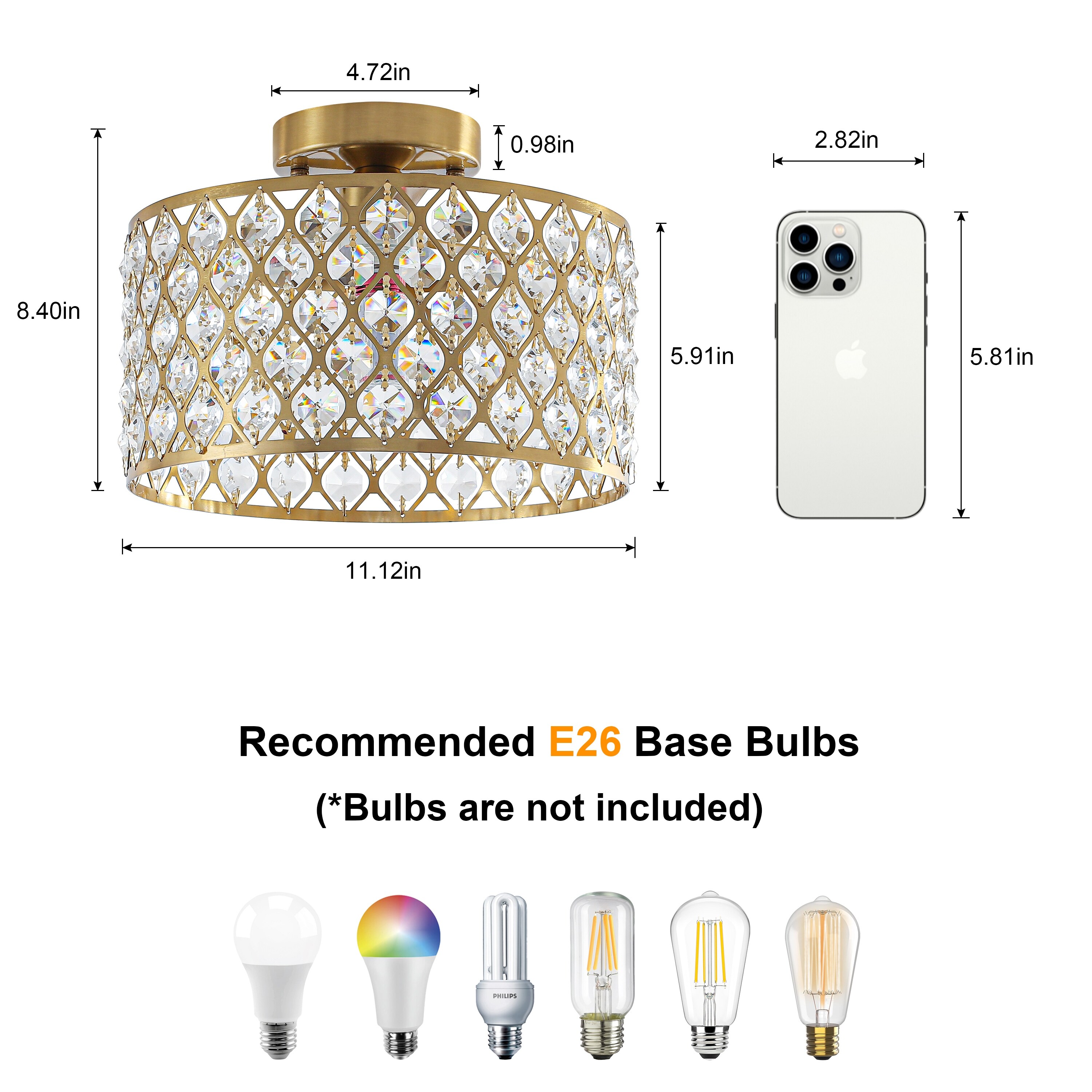 1-Light Modern Vintage Drum Crystal Semi-Flush Mount Ceiling Light