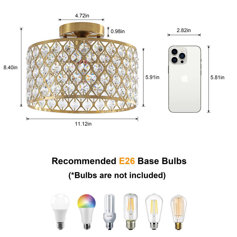 1-Light Modern Vintage Drum Crystal Semi-Flush Mount Ceiling Light