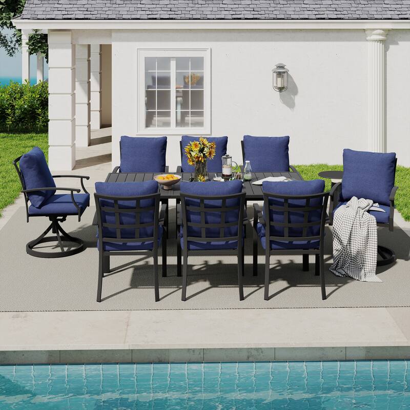 IvyGlow 9-Piece Black Metal Patio Dining Set with Rectangular Table, 2 Swivel Dining Chairs and Gray Cushions