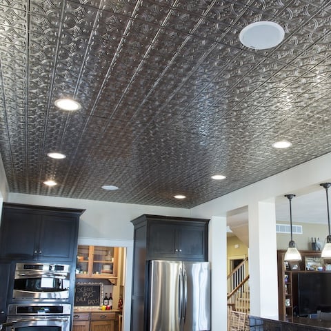 Fasade Traditional Style/Pattern #1 Decorative Vinyl 2ft x 4ft Glue Up Ceiling Tile in Crosshatch Silver
