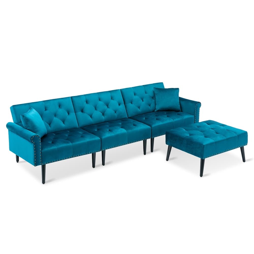 Convertible Velvet Sofa Couch, Sectional Sofa with Ottoman, Mid-Century Futon Sofa Bed - 32"D x 100.7"W x 29.9"H