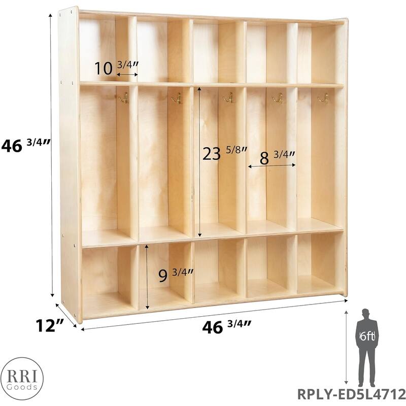 RRI Goods 5 Section Montessori Coat Locker & Backpack Hanger, Kids Organizer Wooden Storage with Hooks