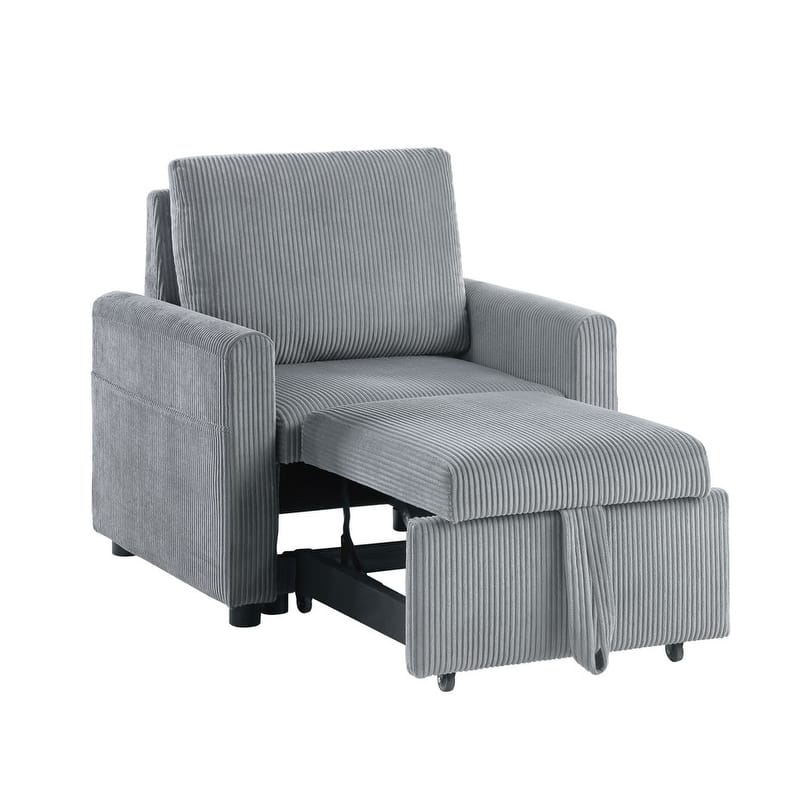Oswin 32.5"W Gray Corduroy Armchair with Pull-Out Chaise and Side Pocket