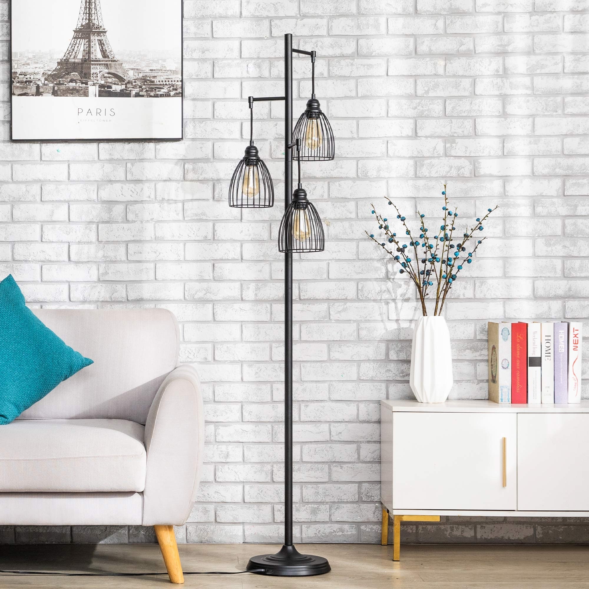 66" 3-Light Industrial Tree Floor Lamp with Bulbs