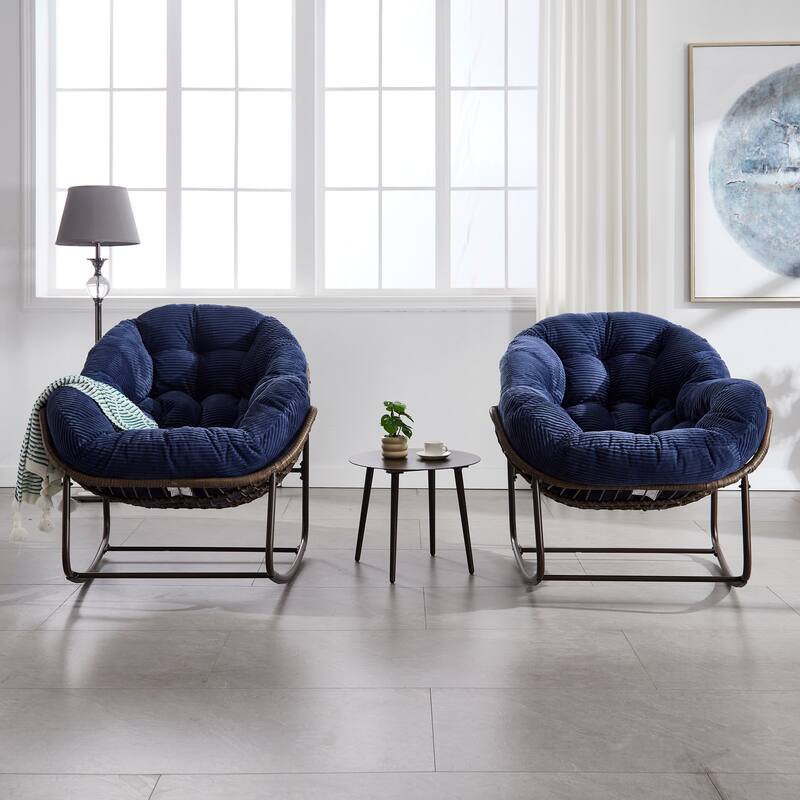 Outdoor Rattan Rocking Chair,Padded Cushion Rocker Recliner Chair Outdoor for Front Porch, Living Room, Patio, Garden, Navy blue