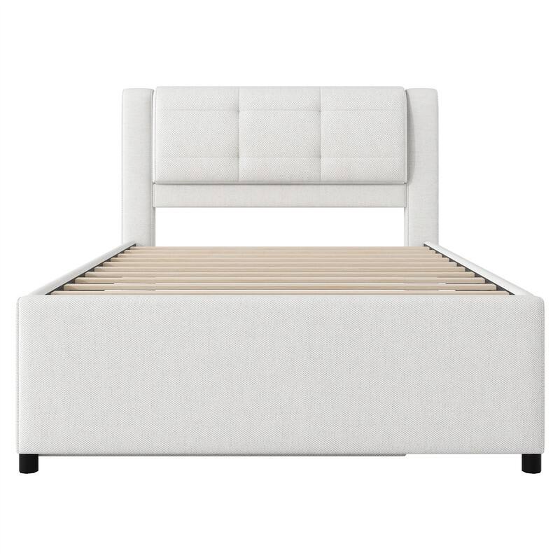 Full Size Upholstered Platform Bed with Pull-Out Trundle, Modern Bed Frame with Headboard, Trundle can be flat or erected
