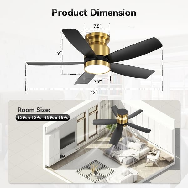 dimension image slide 2 of 4, Sofucor 42'' Gold Flush Mount Ceiling Fan Lights Kit with Remote Quiet Reversible DC - 42