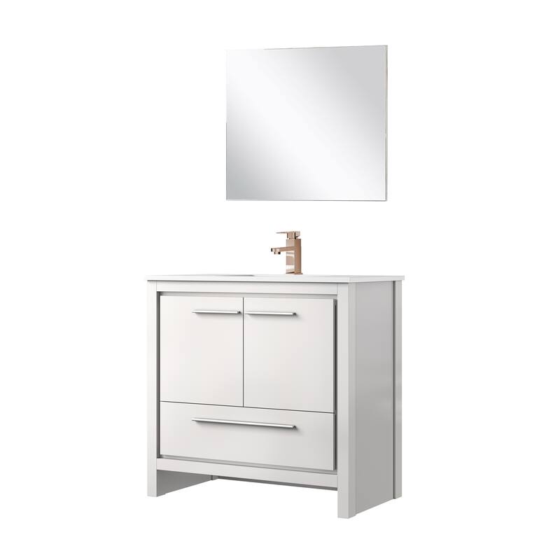 Lafarre Bath Vanity with Cultured Marble Top, Sink, Mirror and Rose Gold Faucet