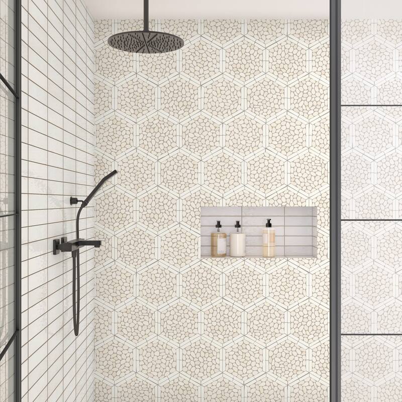 Daltile Pebble Oasis Natural Stone Framed Hexagon Pebble Mosaic 11" x 10" (11 PC per Carton) (10.88 SQFT per Carton)