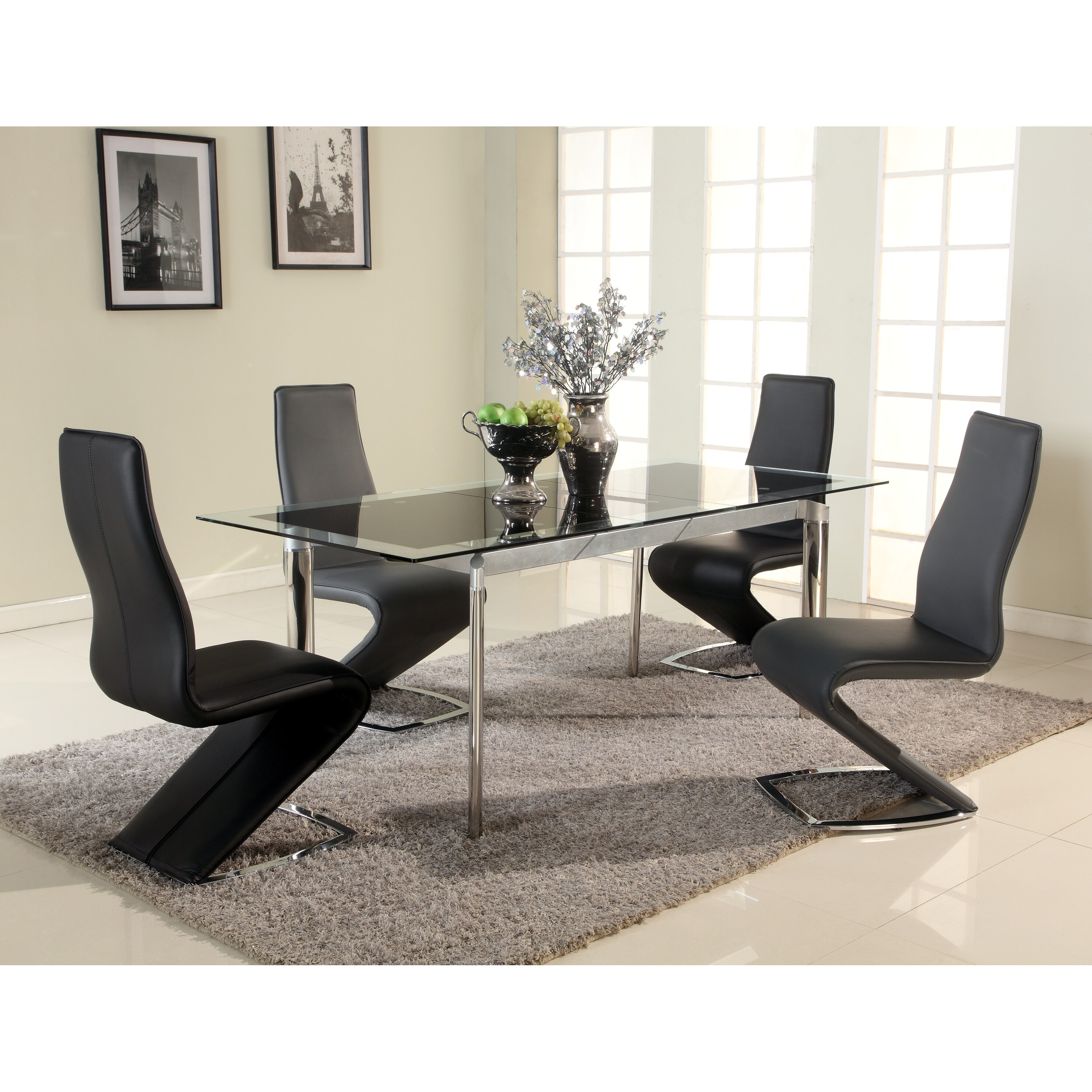 Somette 5 Piece Dining Set with Extendable Glass Table Z Shape Chairs