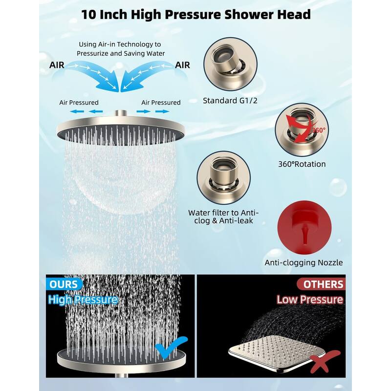 Self-cleaning 10" High Pressure Rainfall Shower head with Hand Spray