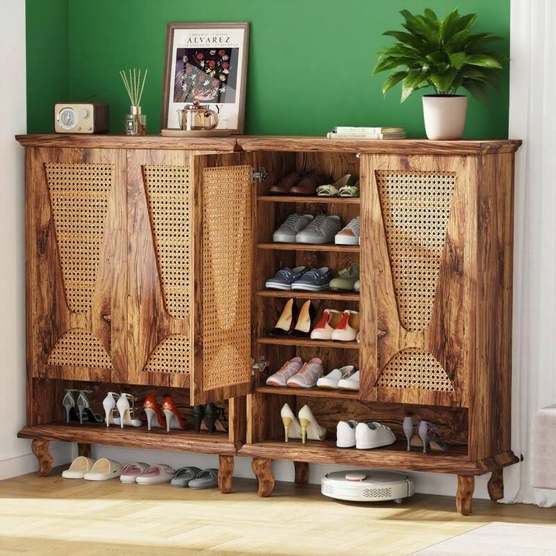 Brown Rattan Shoe Cabinet with Adjustable Shelves and Solid Wood Legs for Entryway Storage - 29.53"W x 13.78"D x 43.31"H