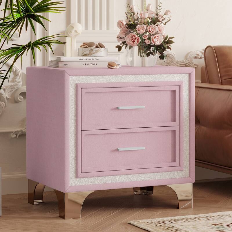 2-Drawer Nightstand with Metal Legs for Bedroom - Pink