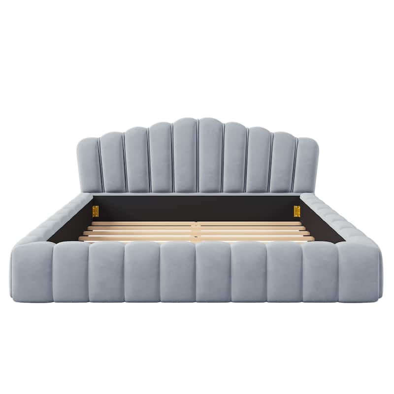 Light Blue Queen Size Velvet Upholstered Platform Bed with Shell-Shaped Headboard for Bedroom