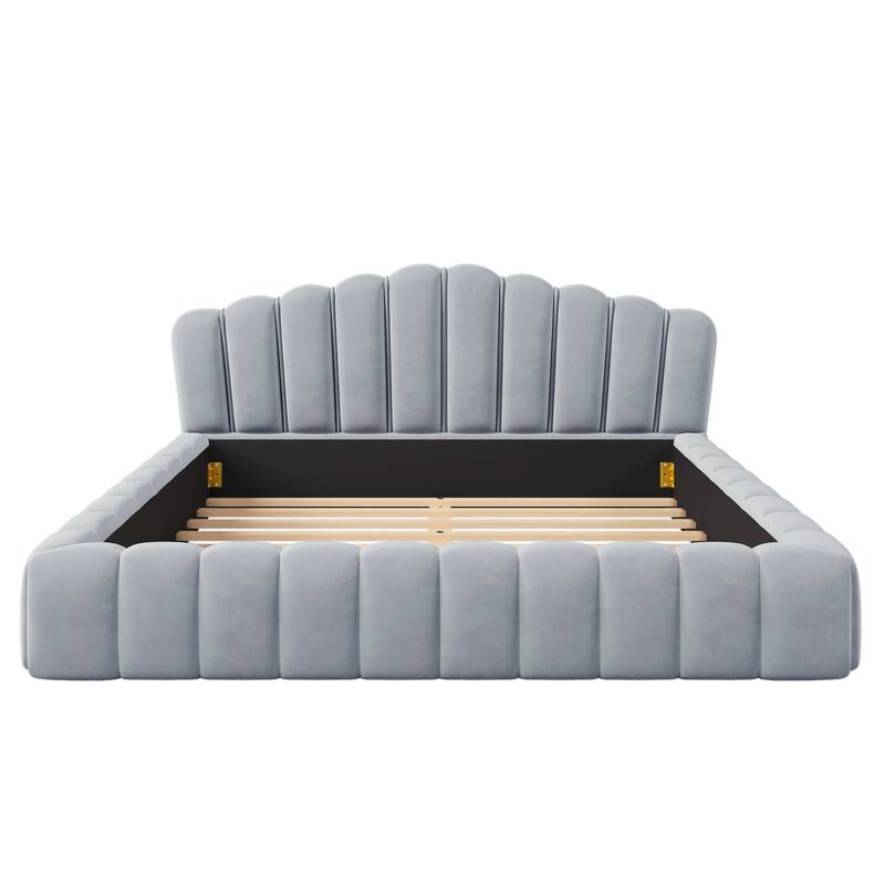 Upholstered Queen Size Platform Bed Frame with Shell-Shaped Headboard, Velvet Low Grounded Bed for Bedroom, No Box Spring Needed
