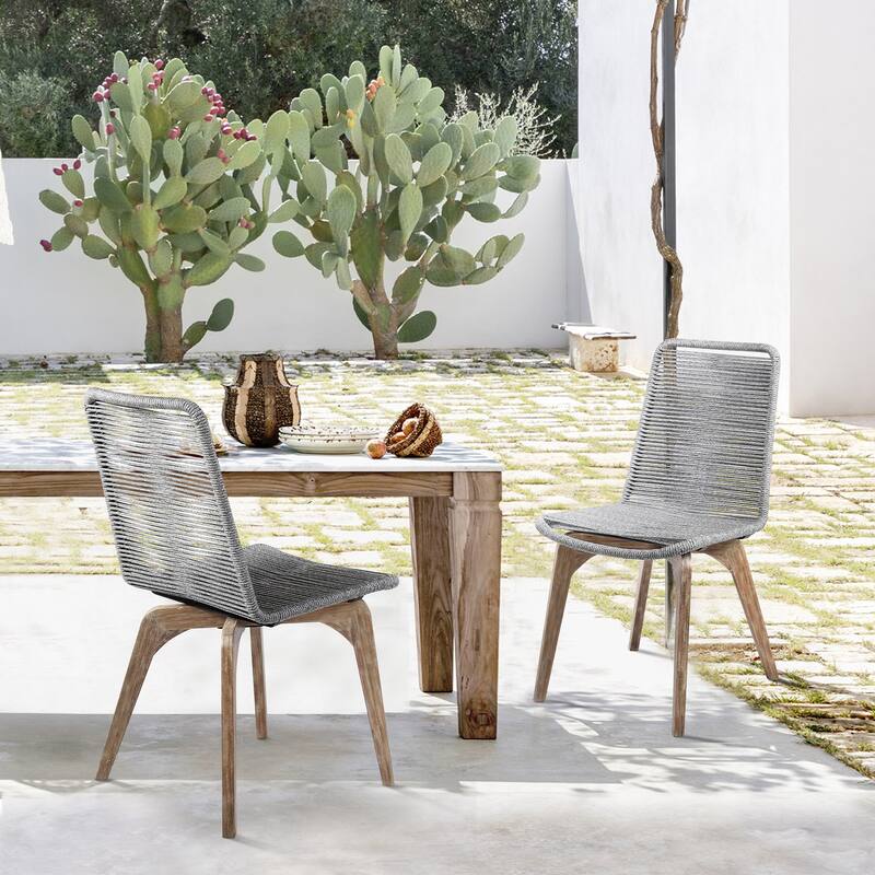 Island Modern Bohemian Solid Eucalyptus Wood and Woven Rope Outdoor Dining Chairs - Set of 2
