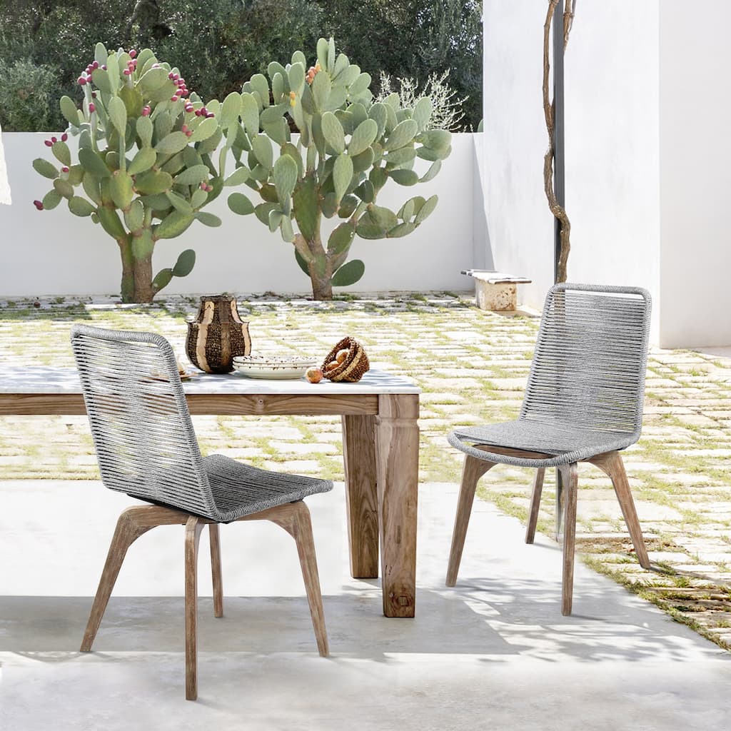 Island Modern Bohemian Solid Eucalyptus Wood and Woven Rope Outdoor Dining Chairs - Set of 2