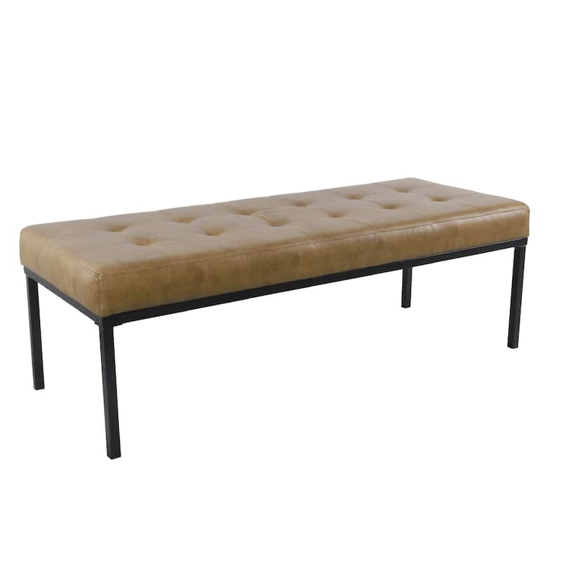 Alp Bench, Black Open Metal Frame, Brown Tufted Faux Leather 54 Inch