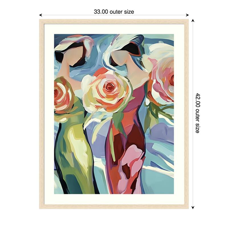 Two Women With Roses by Elena Avanesova Wood Framed Wall Art Print - 33 x 42 in - Brown