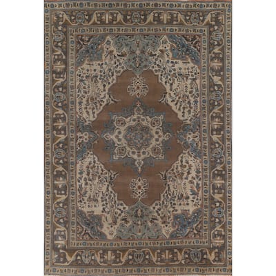 Brown Tabriz Persian Vintage Area Rug Hand-Knotted Wool Carpet - 6'9"x 9'9"