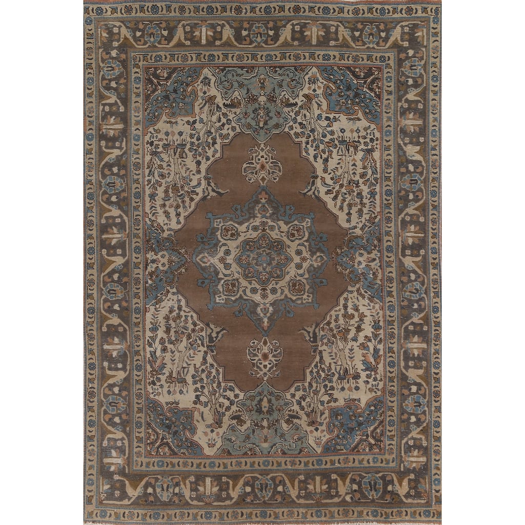 Brown Tabriz Persian Vintage Area Rug Hand-Knotted Wool Carpet - 6'9"x 9'9"