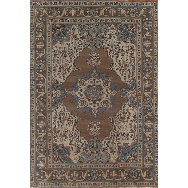 Brown Tabriz Persian Vintage Area Rug Hand-Knotted Wool Carpet - 6'9"x 9'9"