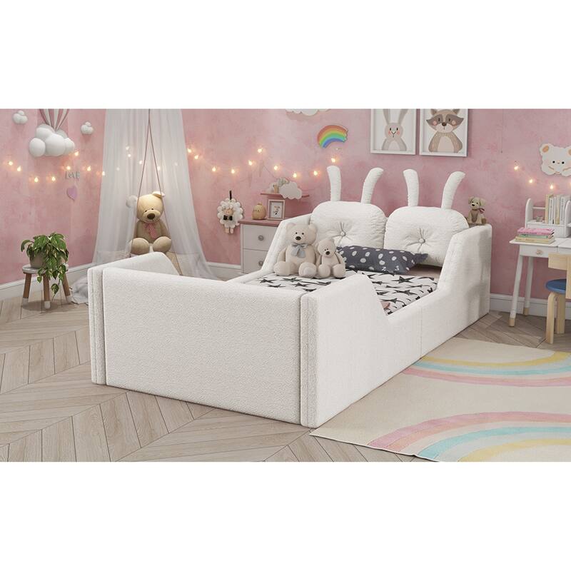 Roomfitters Twin Floor Platform Bed, Rabbit Cushion Headboard and Removable Side Rails with Wooden Frame for Bedroom, White