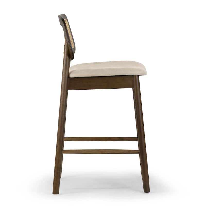 Set of 2 Azuka Beige Fabric Counter Stool with Rattan Back and Walnut Wood Legs